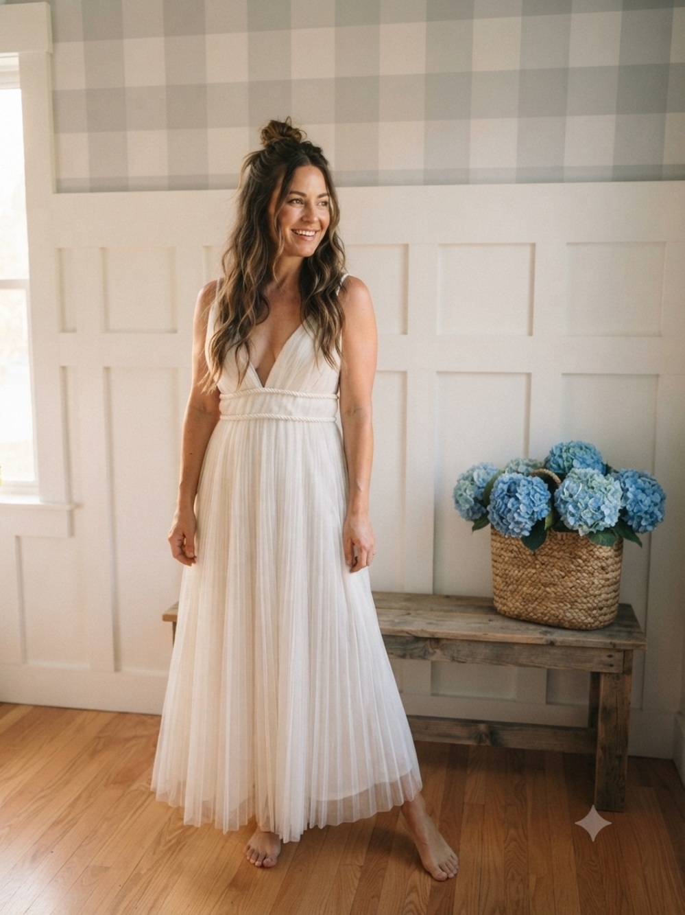 Lulu's Ivory Pleated Midi Dress with Braided Waist